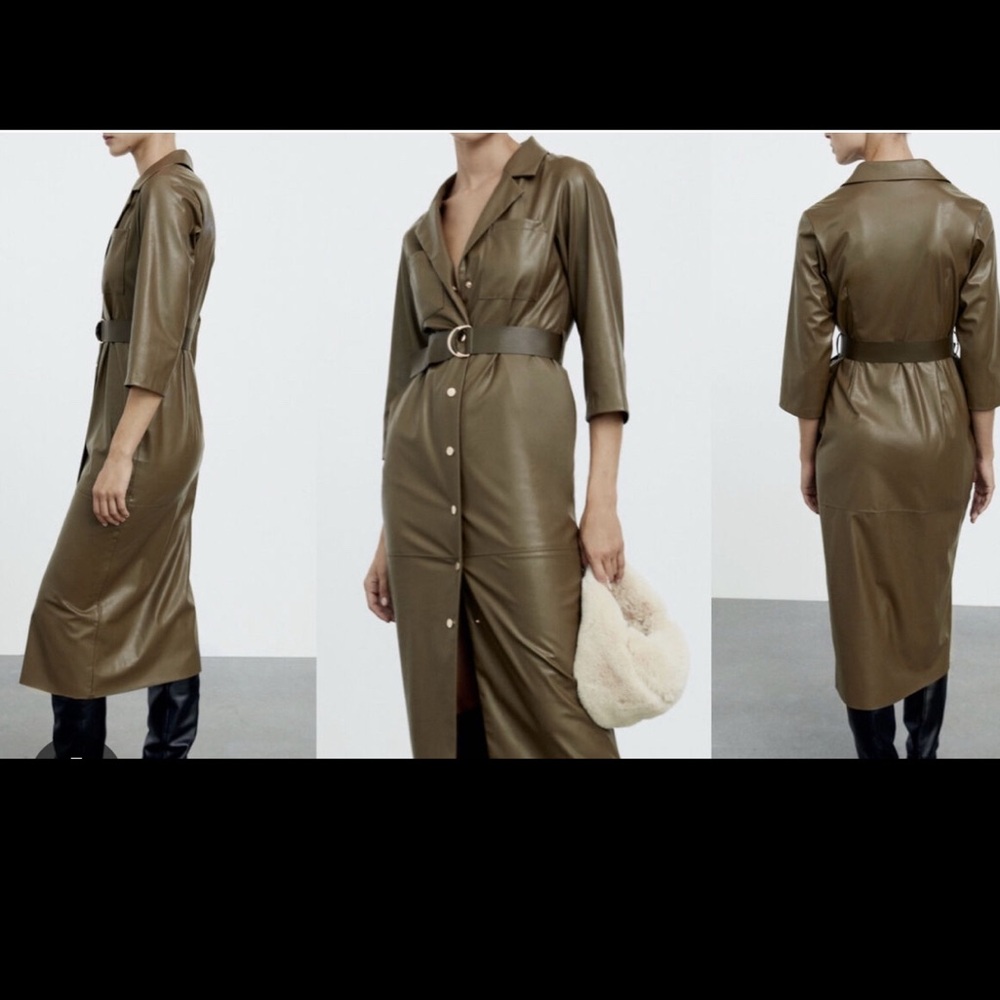 ZARA Faux Leather Shirt Dress – Olive Green Midi – Size M (No Belt)